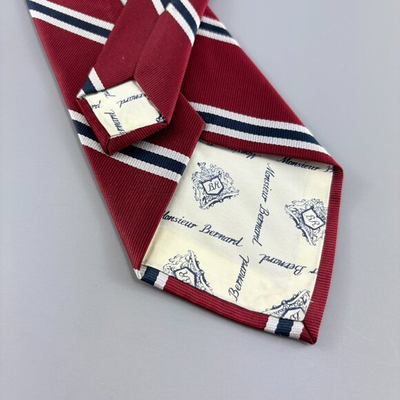 Monsieur Bernard Red / Silver / Black Striped Men's Tie 4" x 57" Vintage - Picture 3 of 3